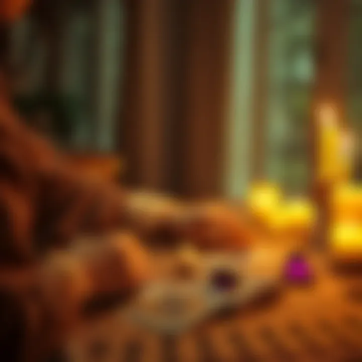 A person receiving a clairvoyant reading with tarot cards and crystals on the table, surrounded by candles for a spiritual atmosphere