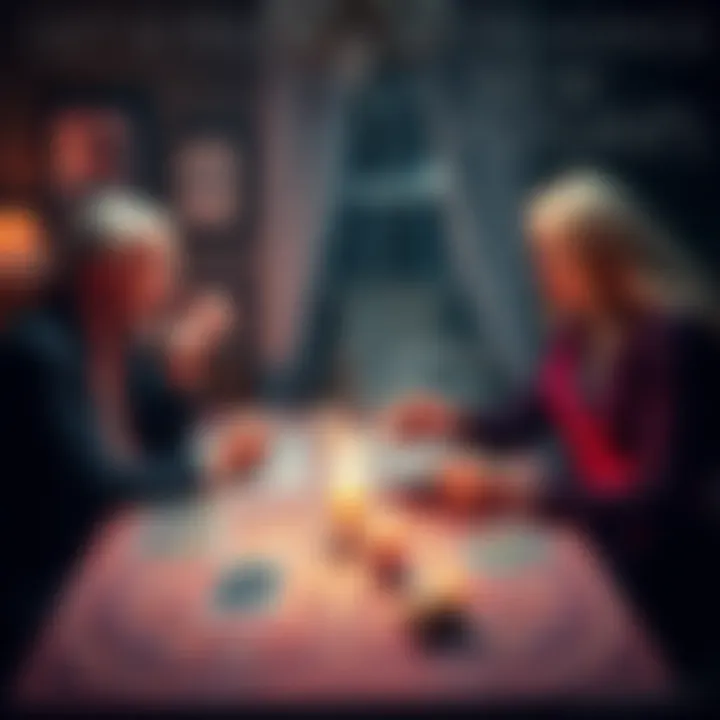 A professional clairvoyant giving a reading to a client, with tarot cards and crystals visible on the table, showing insights into the future.