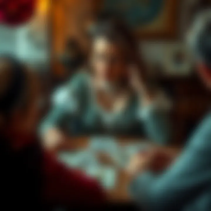 A clairvoyant sits at a table with tarot cards spread out, looking thoughtful as she interacts with a client, showcasing the challenges of her career.