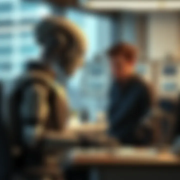 A clanker, resembling a humanoid robot, is shown taking a job from a worried-looking person in an office setting.