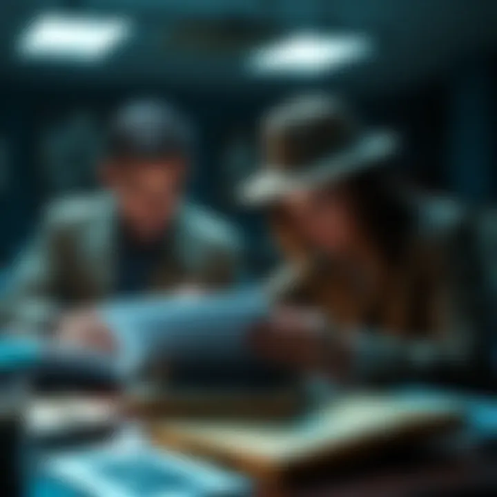 Detectives examining files and photos related to the cold cases of Clarence Roberts and Cindy James.