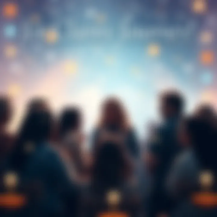 A group of diverse people engaged in a discussion, sharing thoughts and questions about personal readings, with a serene background of stars and soft lights.