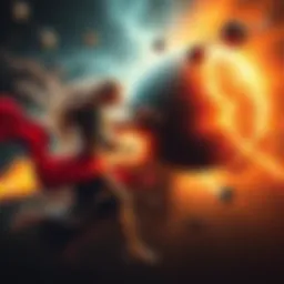 An artistic representation of malefic and benefic planets in a cosmic battle, showcasing contrasting dark and light energies in astrology.
