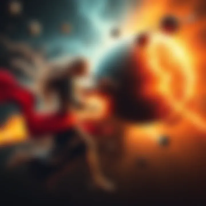 An artistic representation of malefic and benefic planets in a cosmic battle, showcasing contrasting dark and light energies in astrology.