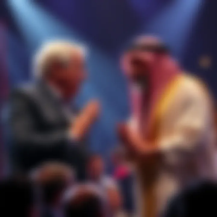 Graham Hancock and Zahi Hawass debating passionately about history on stage, with a crowd watching intently.