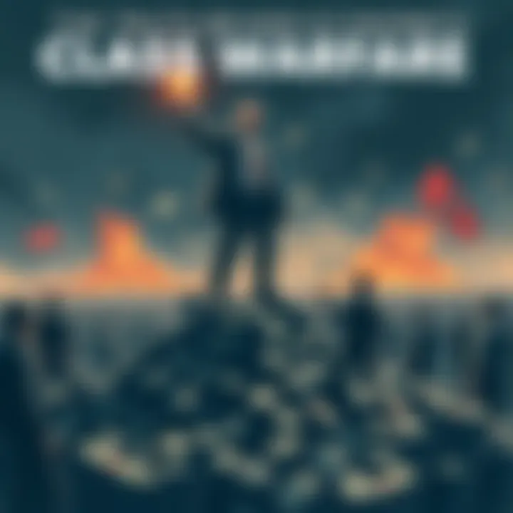 A graphic showing a powerful business figure standing on a pile of money while workers look on, symbolizing the wealth gap in society.