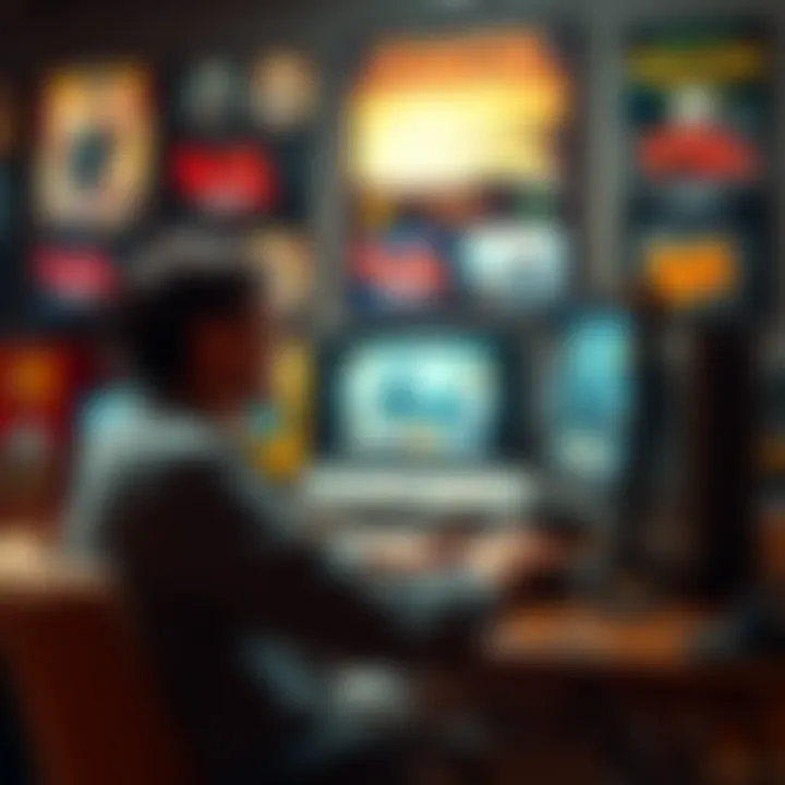 A person sitting at a computer, streaming classic broadcasts online with a smile, surrounded by vintage TV posters.