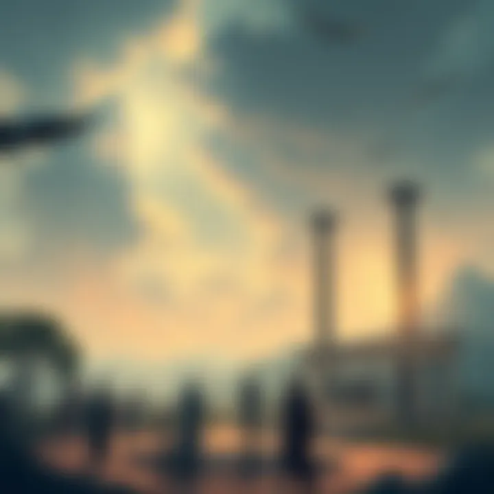 A serene scene depicting ancient deities in a tranquil setting, representing their distance from daily human life, with subtle rituals being performed by people in the foreground.