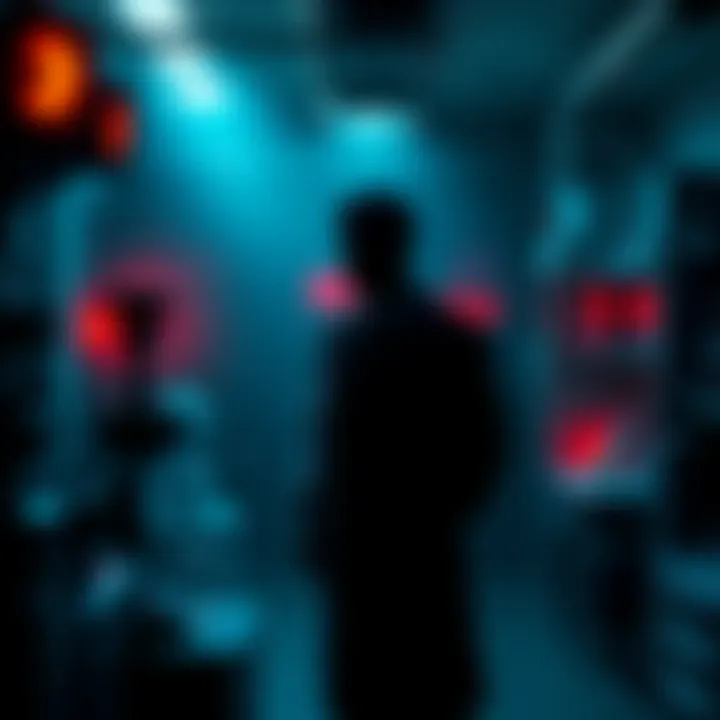 A darkened laboratory with scientific equipment and a silhouette of a missing scientist, symbolizing classified research and hidden knowledge.