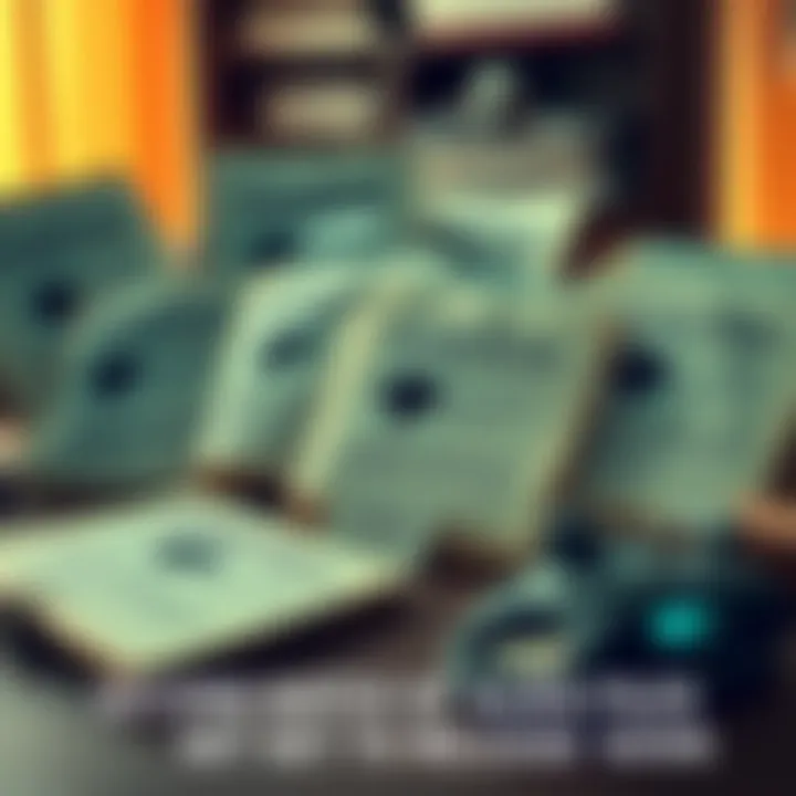 A collection of documents labeled as classified, with some featuring UFO symbols, hinting at government secrets about aliens, set on a wooden desk.