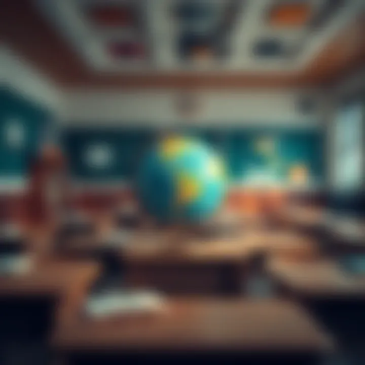 A classroom setting featuring desks, books, and a globe, symbolizing the education system