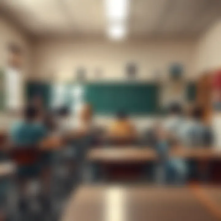 A nostalgic classroom setting with students engaged in group work, featuring posters on the walls and old-fashioned desks typical of the 80s and 90s.