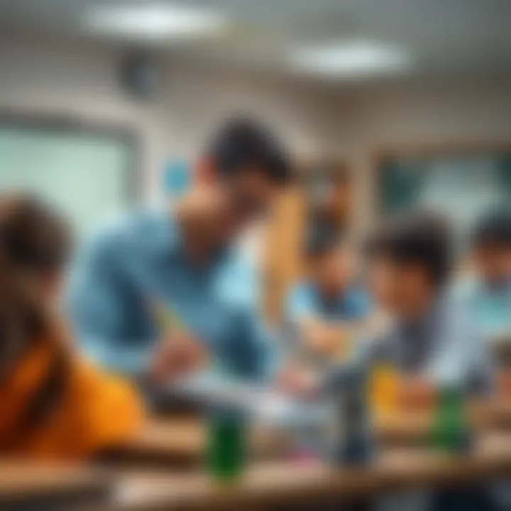 A teacher using assessment tools with students in a classroom setting, focusing on student engagement and learning.