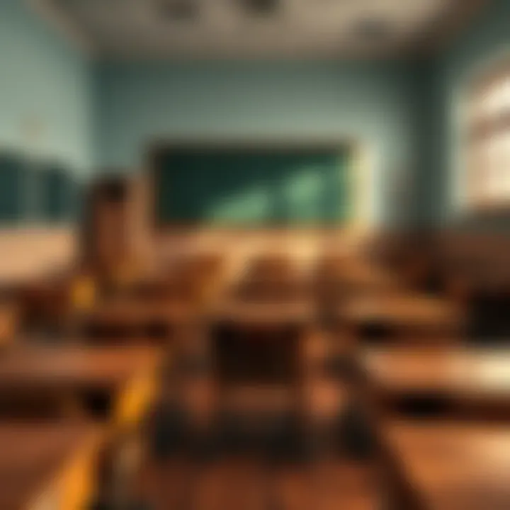 A bright classroom filled with wooden desks and a chalkboard, reflecting a nostalgic school atmosphere.
