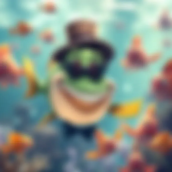 A cartoon of a stylish fish wearing a bow tie and top hat, smiling while telling a joke to other fish in a vibrant underwater scene.