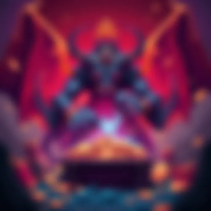 An illustration of Clauneck, a demon associated with wealth, surrounded by treasures and coins, symbolizing prosperity and respect during invocation.