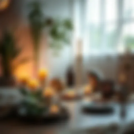 A serene and organized space set for a ritual, featuring candles, crystals, and plants, promoting calm and focus