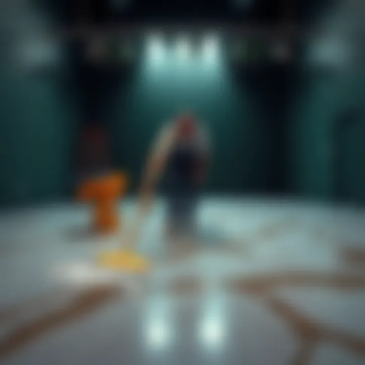 A person scrubbing a sticky studio floor with a mop and cleaning solution