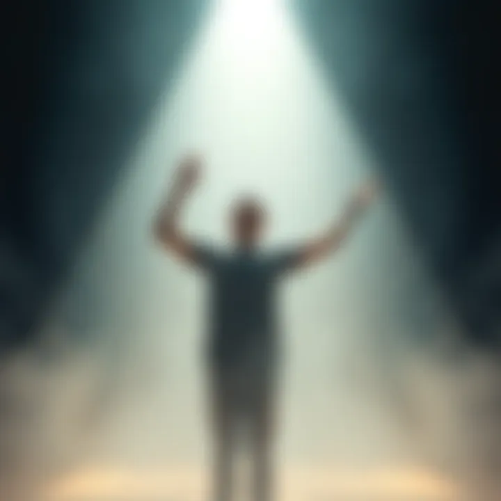 A person standing in a serene space with closed eyes, arms raised, surrounded by soft light, reflecting on their practice.