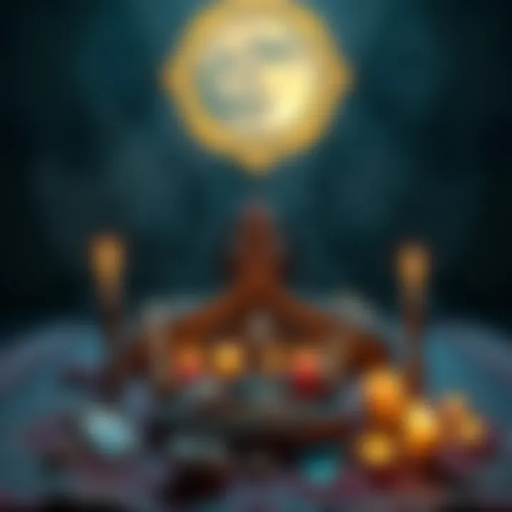 A person performing a cleansing ritual with crystals and candles, surrounded by a calming atmosphere and lunar symbols.