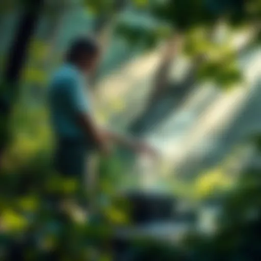 A person stands in a forest, surrounded by greenery, engaged in a cleansing ritual involving herbs and water, representing a connection with land spirits.