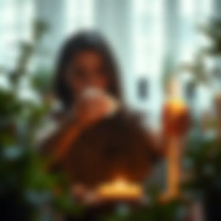 A person lighting a candle and holding crystals while surrounded by plants, symbolizing positive energy and transformation.
