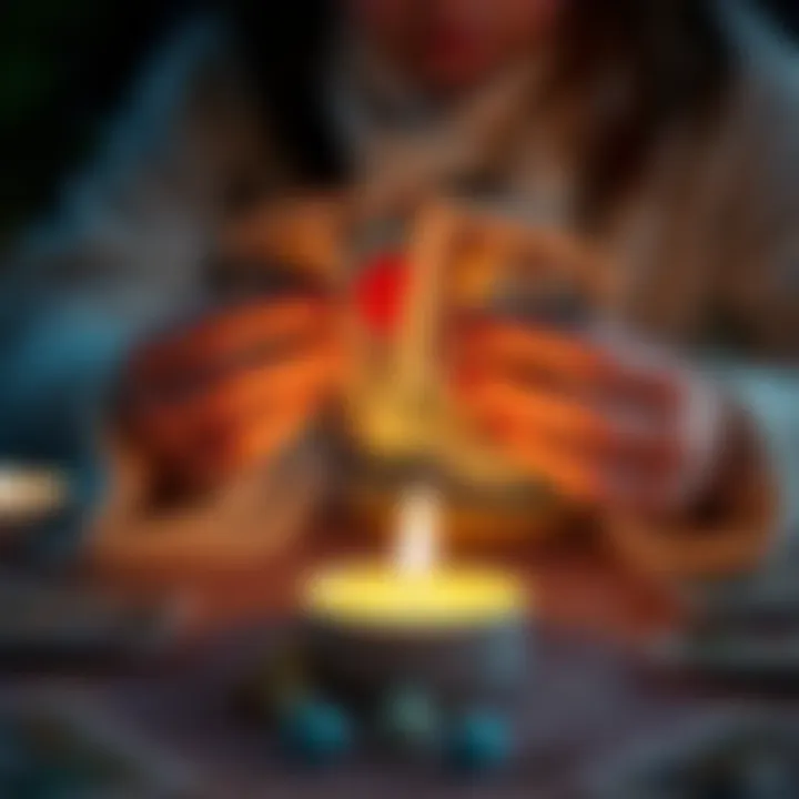 A person holding a tarot deck over a candle, symbolizing the cleansing process during the new moon.