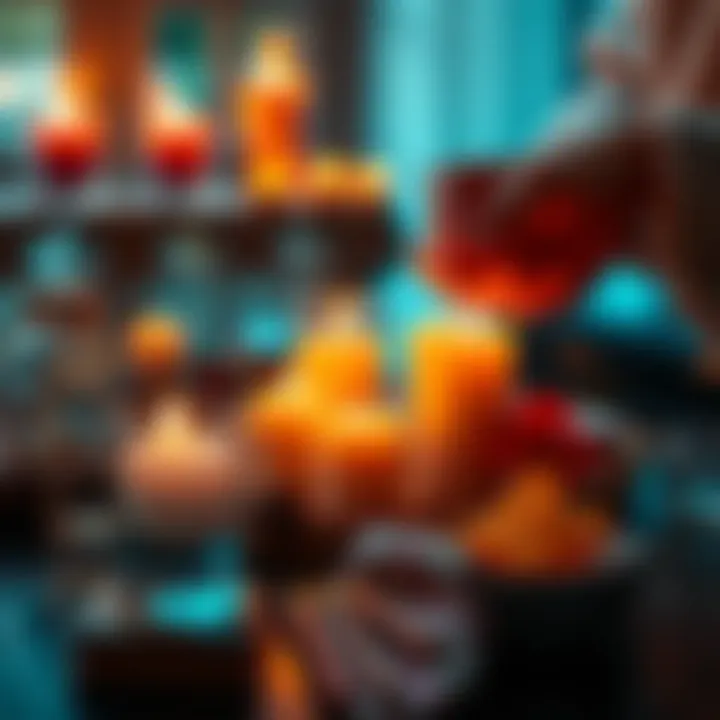 A person preparing candles for spiritual practice using Florida water and siete machos, surrounded by prayer items.