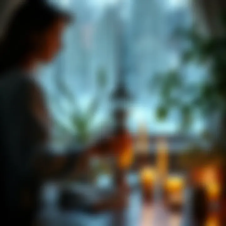 A homeowner gently cleans a vintage lamp while surrounded by plants and candles, creating a peaceful atmosphere