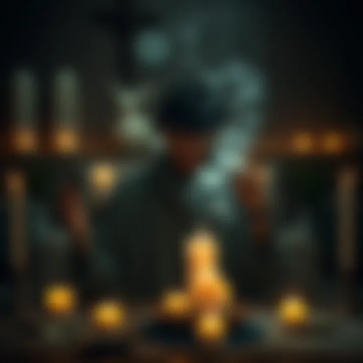 A person performing a cleansing ritual with sage in a dimly lit room, surrounded by candles and crystals, aiming to remove bad energy and promote peace.