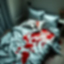 A disheveled bed with stains, symbolizing an unexplained mess associated with a cleansing ritual.
