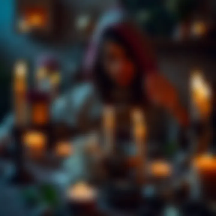 A person performing a cleansing ritual with candles and herbs, surrounded by a calm environment