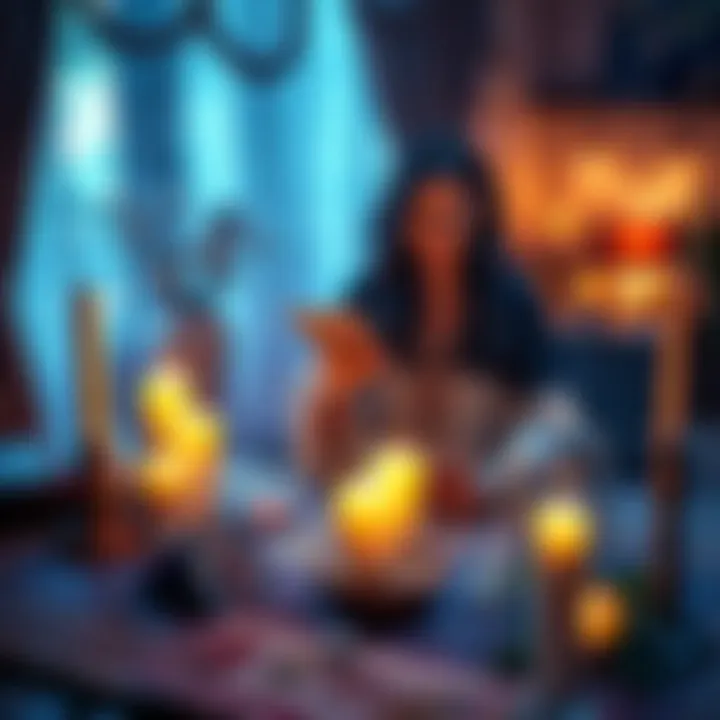A spiritualist holding tarot cards in a softly lit room, with candles and crystals around, showcasing the atmosphere of a cleansing ritual.