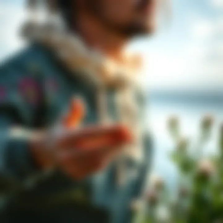 A person uses sage water to cleanse negative energy while discussing sensitive topics, surrounded by a peaceful setting.