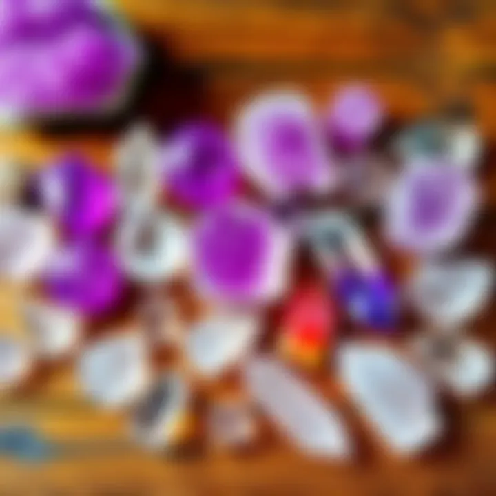 Clear Quartz and Amethyst Crystals A collection of clear quartz and amethyst crystals displayed on a wooden surface, showing their natural beauty and colors.