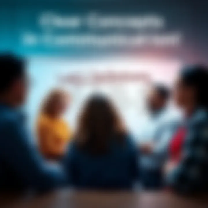 A group of diverse people discussing ideas with clear definitions written on a whiteboard behind them.