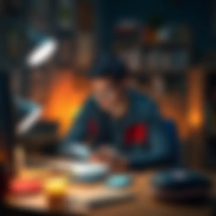 A person sitting at a desk, deleting screenshots from a phone while reflecting thoughtfully, surrounded by a cozy room atmosphere.