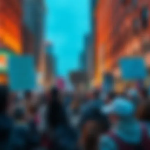 People gathered holding signs demanding action on climate change in a city setting