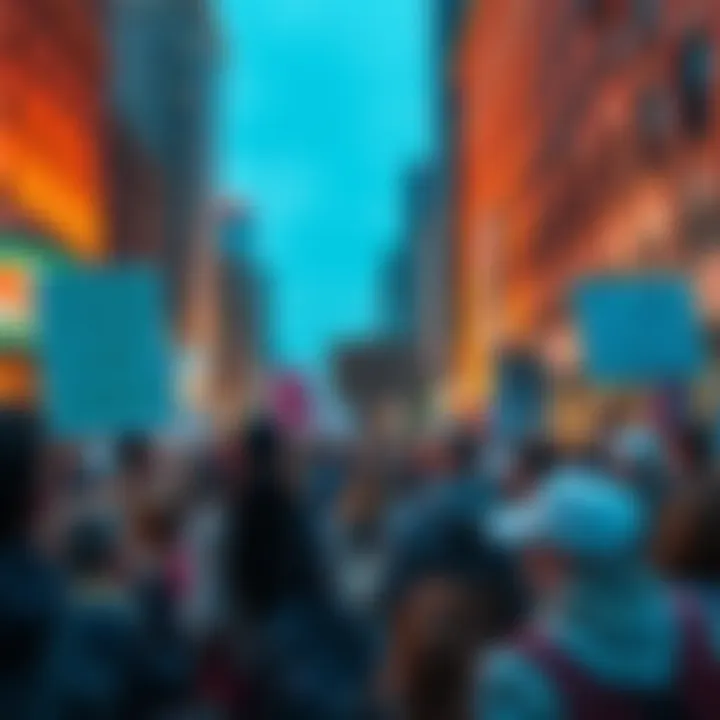 People gathered holding signs demanding action on climate change in a city setting