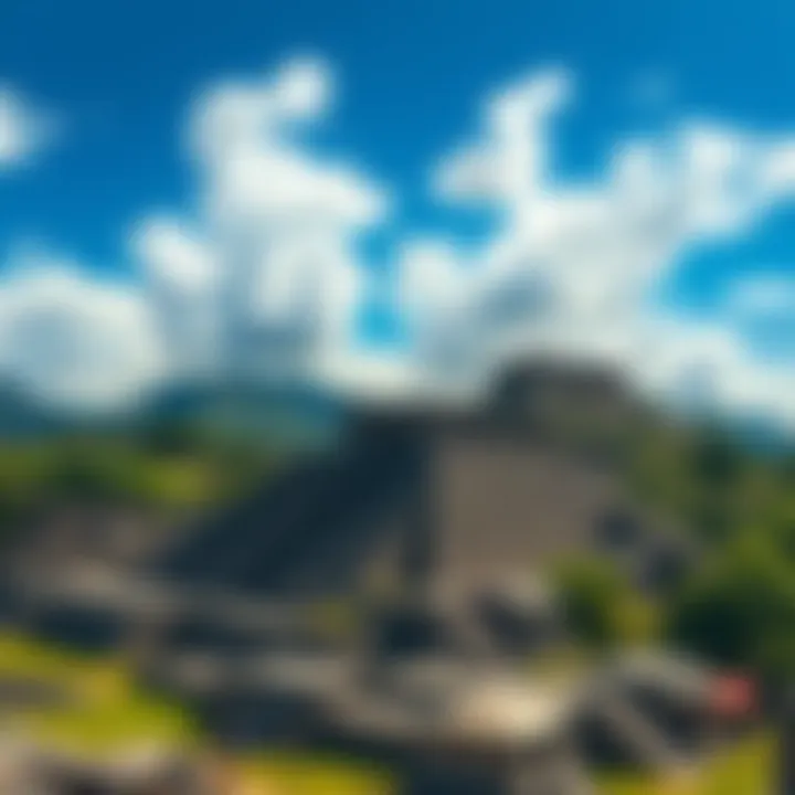 People climbing the ancient pyramids of Teotihuacán, surrounded by historical ruins and blue skies.