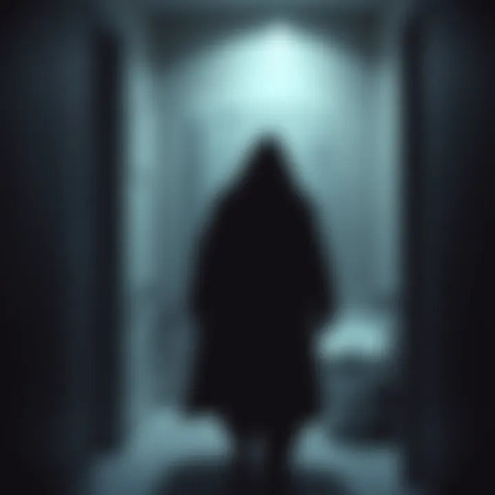 A shadowy, cloaked figure standing near a bathroom door, suggesting the idea of someone observing