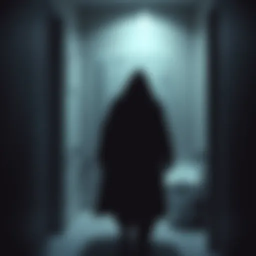 Cloaked figure near a bathroom A shadowy, cloaked figure standing near a bathroom door, suggesting the idea of someone observing