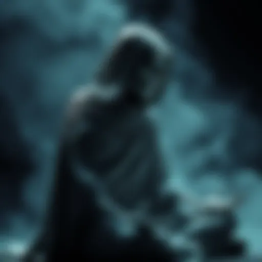 A cloaked skeleton with flowing robes is seen touching the body of a person during meditation, evoking a haunting atmosphere.