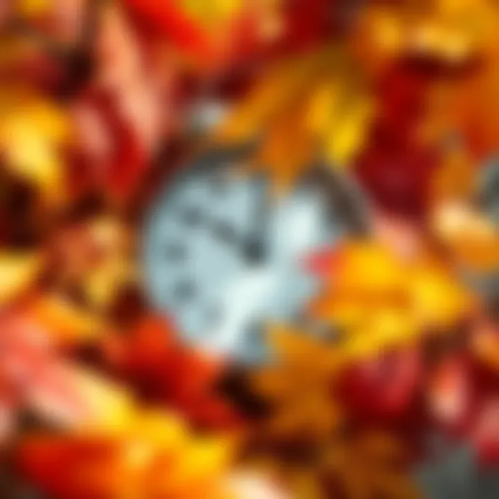 Clock with autumn leaves A clock surrounded by colorful autumn leaves, symbolizing the change in seasons and daylight savings time.