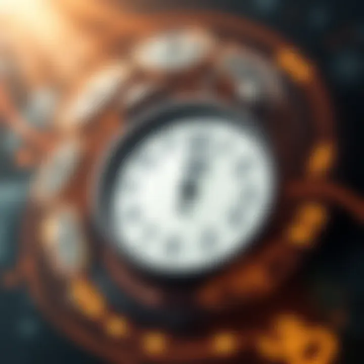 A clock surrounded by a swirling timeline representing different eras and the concept of rebirth across time periods.