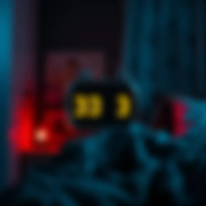 A dark bedroom scene with a clock displaying 3:33 AM, suggesting a nighttime awakening