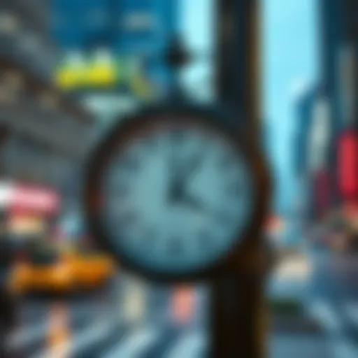 A clock with fast-moving hands, conveying the feeling of time speeding up, set against a busy city background.