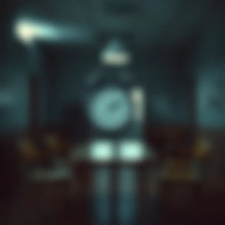 A clock topples off a table in a dimly lit break room of an old dormitory, suggesting a haunting presence.