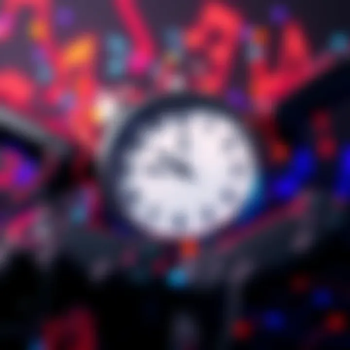 A clock with music notes and game controllers around it, symbolizing the theme of time in music and games