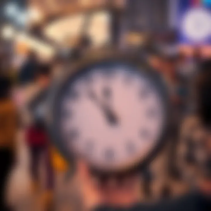 Clock Perception Experiment A close-up of a traditional clock with blurred hands, set against a background of people engaging in various daily activities, illustrating the concept of time perception.